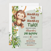 Green Safari Monkey See Monkey Two 2nd Birthday 招待状 (正面/裏面)