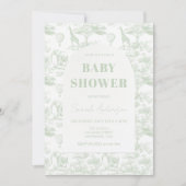 Green Safari Toile D Jouy Jungle Theme Baby Shower 招待状 (正面)