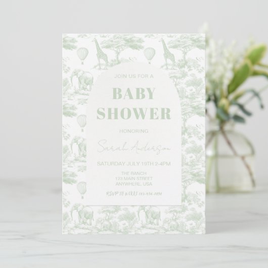 Green Safari Toile D Jouy Jungle Theme Baby Shower 招待状 (スタンド正面)