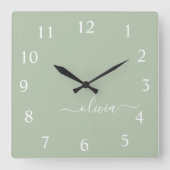 Green Sageスクリプトモノグラムガーリー名 スクエア壁時計 (正面)