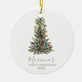 Green Sage Bow Pine Trees First Christmas セラミックオーナメント