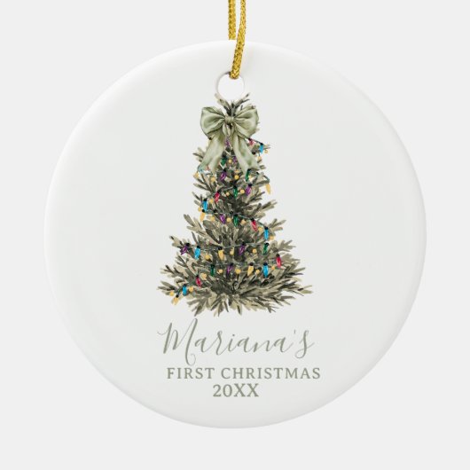 Green Sage Bow Pine Trees First Christmas セラミックオーナメント (正面)