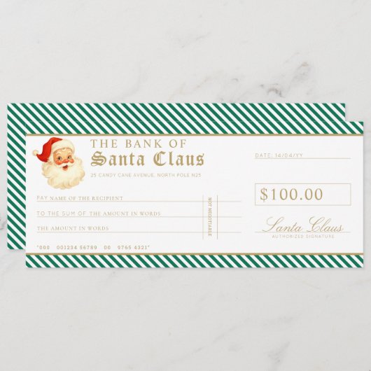 Green Santa Cheque Gift Voucher Card 招待状 (正面/裏面)