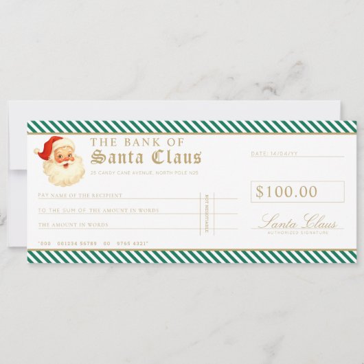 Green Santa Cheque Gift Voucher Card 招待状 (正面)
