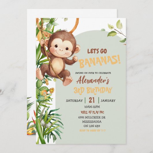 Green Savannah Monkey Let's Go Bananas Birthday 招待状 (正面/裏面)