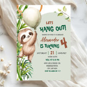 Green Savannah Sloth Let's Hang Out Birthday 招待状