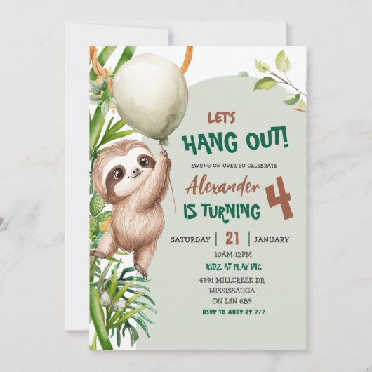 Green Savannah Sloth Let's Hang Out Birthday 招待状 (正面)