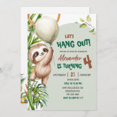 Green Savannah Sloth Let's Hang Out Birthday 招待状 (正面/裏面)