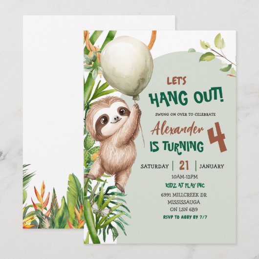 Green Savannah Sloth Let's Hang Out Birthday 招待状 (正面/裏面)