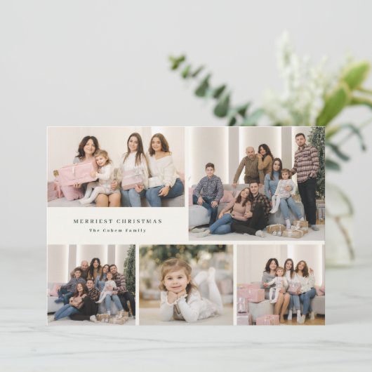 Green Script Merriest Christmas Five Photo Collage シーズンカード (スタンド正面)
