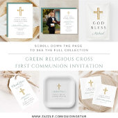 Green Script Religious Cross Boy First Communion  出欠カード