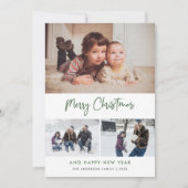 Green Script Stars Christmas 3 Photo Collage シーズンカード (正面)