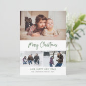 Green Script Stars Christmas 3 Photo Collage シーズンカード (スタンド正面)