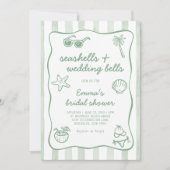 Green Seashells and Wedding Bells Bridal Shower 招待状 (正面)