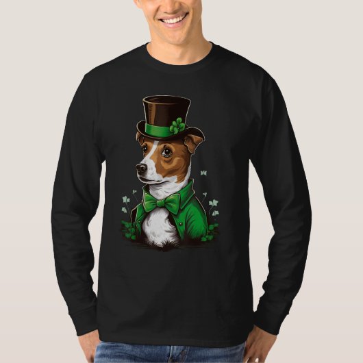 Green shamrock on St Patricks Day Jack Russell Ter Tシャツ (正面)