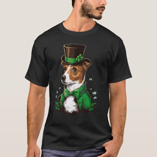 Green shamrock on St Patricks Day Jack Russell Ter Tシャツ (正面)