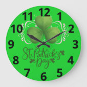 Green Shamrock St. Patrick's Day Wall Clock ラージ壁時計 (正面)