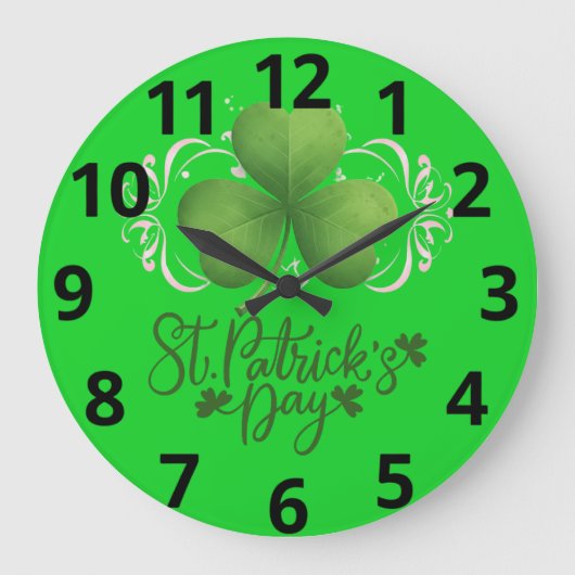 Green Shamrock St. Patrick's Day Wall Clock ラージ壁時計 (正面)