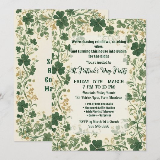 Green Shamrock Vines Funky Saint Patrick's Party  招待状 (正面/裏面)