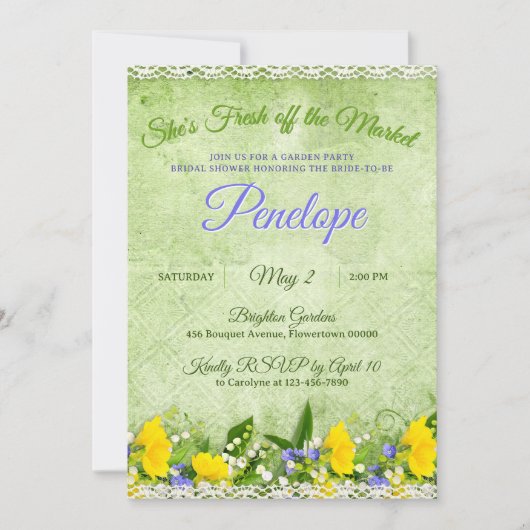 Green She's Fresh off the Market Garden Shower 招待状 (正面)