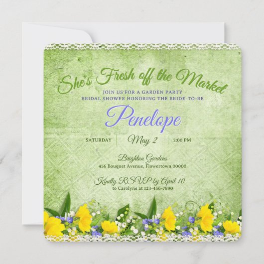 Green She's Fresh off the Market Garden Shower 招待状 (正面)