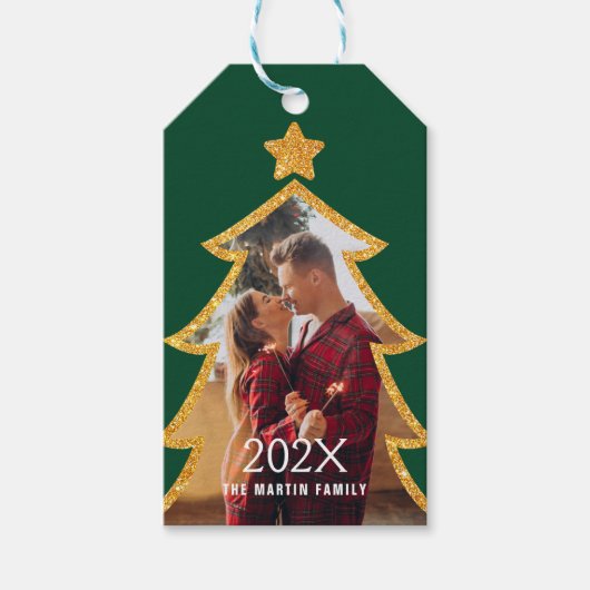 Green Shiny Christmas Tree Personalized Photo ギフトタグ (正面)