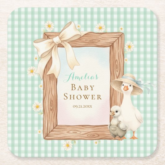 Green Silly Goose Baby Shower Paper Coaster スクエアペーパーコースター (正面)