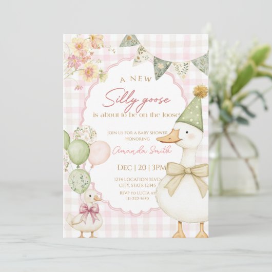 Green Silly Goose Pink Gingham Baby shower  招待状 (スタンド正面)