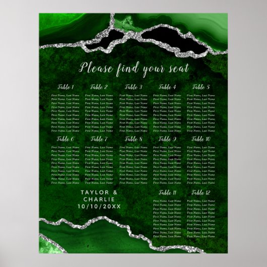 Green Silver Agate Wedding Seating Chart 12 Table ポスター (正面)