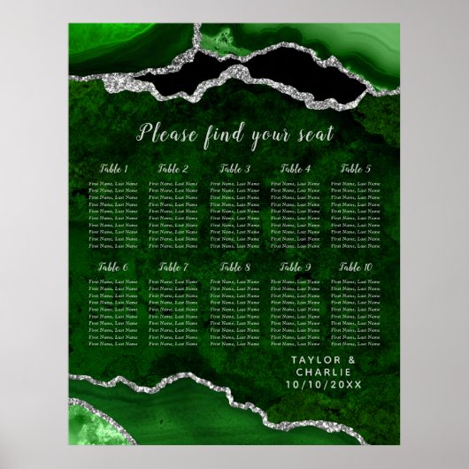Green Silver Agate Wedding Seating Chart 12 Table ポスター (正面)