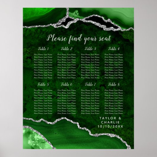 Green Silver Agate Wedding Seating Chart 8 Table ポスター (正面)