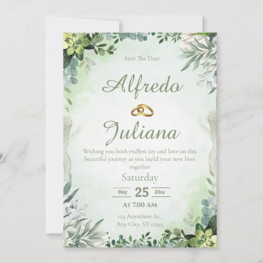 Green Simple Elegant Wedding Invitation Card 招待状 (正面)