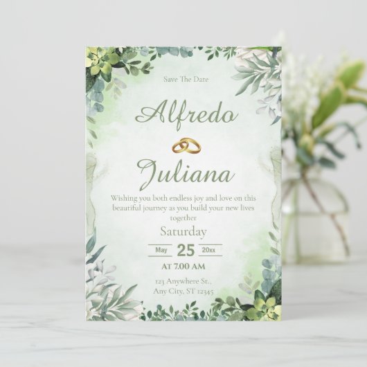 Green Simple Elegant Wedding Invitation Card 招待状 (スタンド正面)