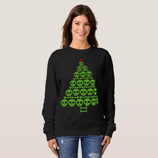 Green Skull and Bones Christmas Tree スウェットシャツ (正面フル)
