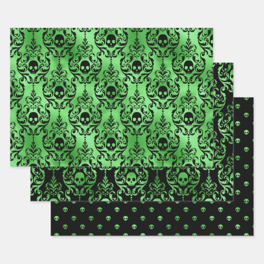Green Skull Halloween Damask Pattern ラッピングペーパーシート (セット)