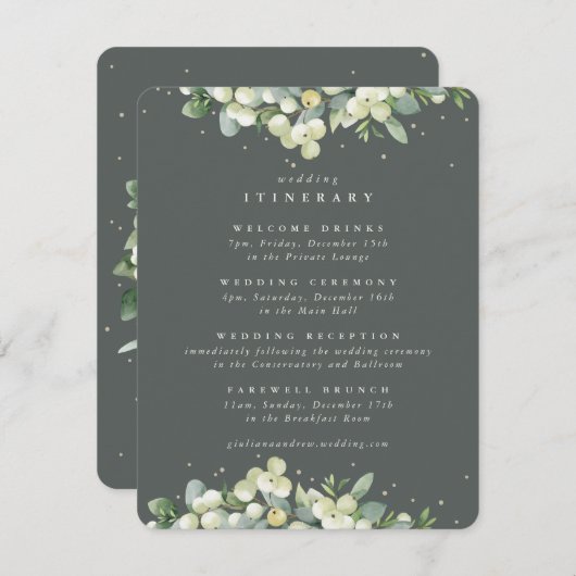 Green Snowberries + Eucalyptus Border Wedding Sche エンクロージャーカード (正面/裏面)
