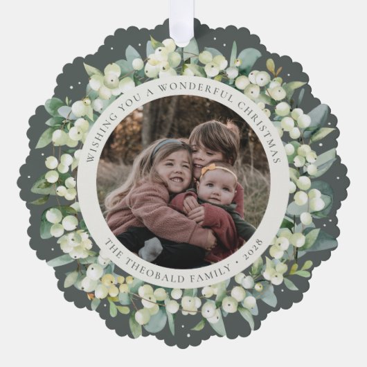 Green Snowberry+Eucalyptus Christmas Wreath Photo  オーナメントカード (正面)