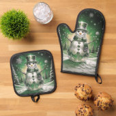 Green Snowman Snowflakes 鍋つかみ&鍋敷きセット (トップダウン)
