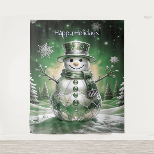 Green Snowman Snowflakes Holiday Backdrop タペストリー (正面)