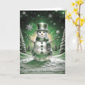 Green Snowman Snowflakes Holiday Card カード (黄色い花)