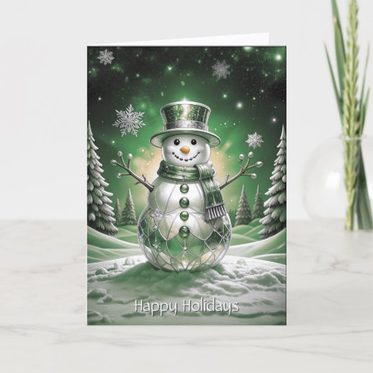 Green Snowman Snowflakes Holiday Card カード (正面)