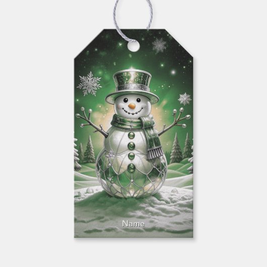 Green Snowman Snowflakes Holiday Gift Tag ギフトタグ (正面)