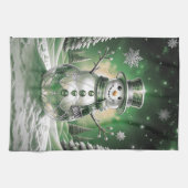 Green Snowman Snowflakes Holiday Kitchen Towel キッチンタオル (横)