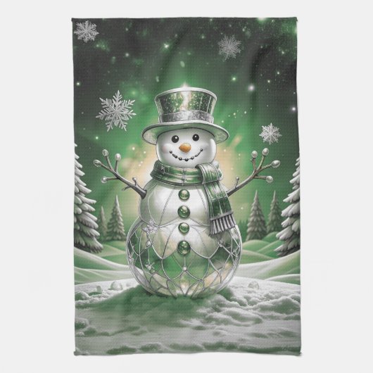 Green Snowman Snowflakes Holiday Kitchen Towel キッチンタオル (縦)
