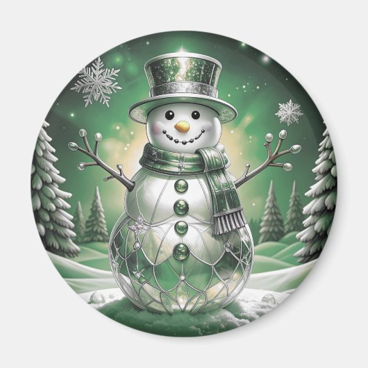 Green Snowman Snowflakes Holiday Magnet マグネット (正面)
