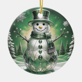 Green Snowman Snowflakes Holiday Ornament セラミックオーナメント