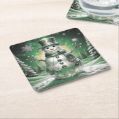 Green Snowman Snowflakes Holiday Paper Coaster スクエアペーパーコースター (アングル)