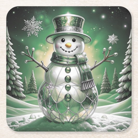 Green Snowman Snowflakes Holiday Paper Coaster スクエアペーパーコースター (正面)