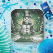 Green Snowman Snowflakes Holiday Paper Plate ペーパープレート (パーティー)