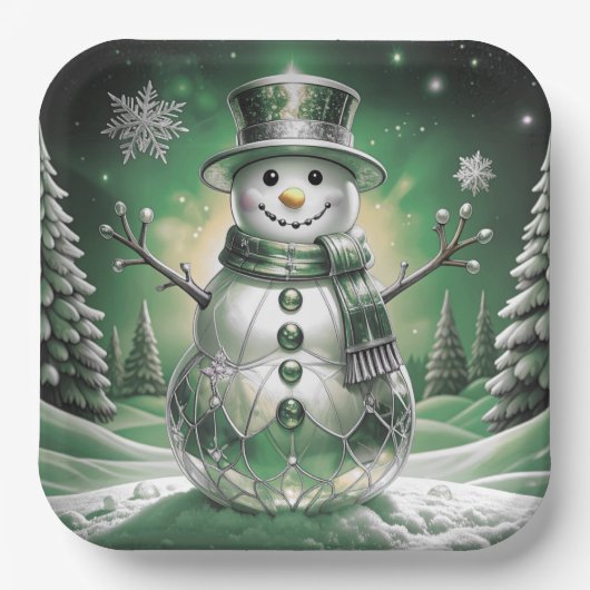 Green Snowman Snowflakes Holiday Paper Plate ペーパープレート (正面)